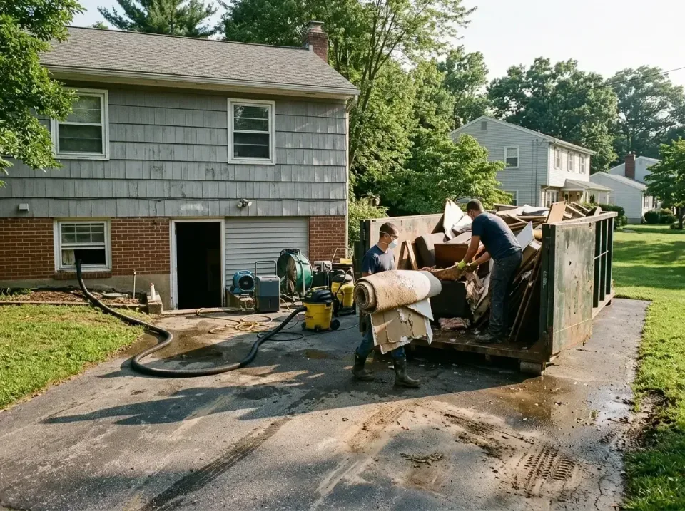 basement-flood-damage-cleanup-006 — specialist at work, roll-off containers, commercial dumpsters, and portable restroom in…