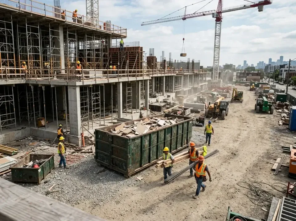 commercial-construction-site-w-002 — expert technician, roll-off containers, commercial dumpsters, and portable restroom in…