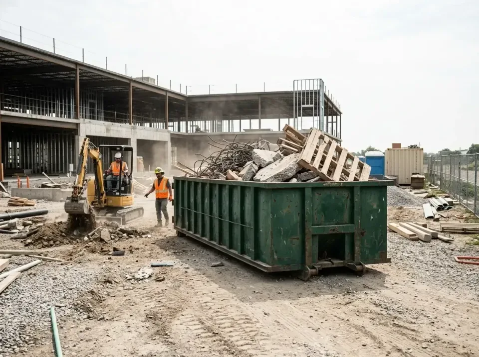 commercial-construction-site-w-003 — detailed close-up, roll-off containers, commercial dumpsters, and portable restroom in…