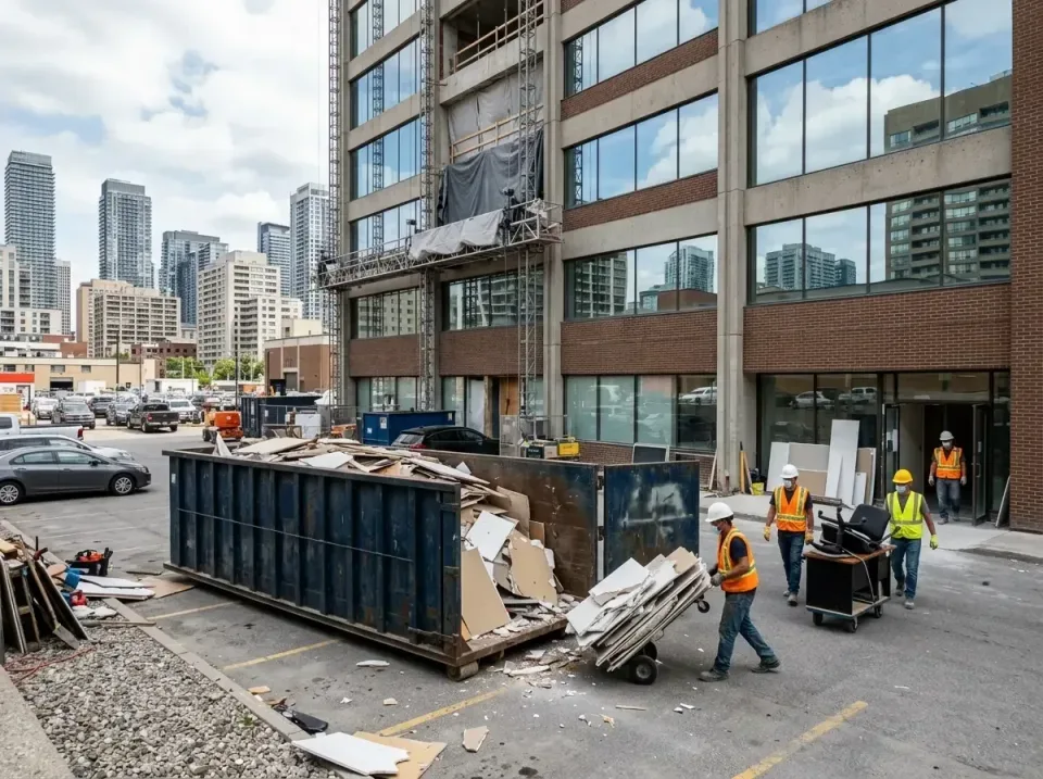 commercial-office-renovation-w-002 — project overview, roll-off containers, commercial dumpsters, and portable restroom in M…