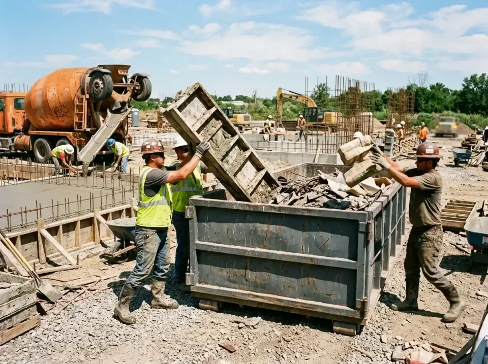 concrete-contractor-job-site-b-008 — recent job completion, roll-off containers, commercial dumpsters, and portable restroom…