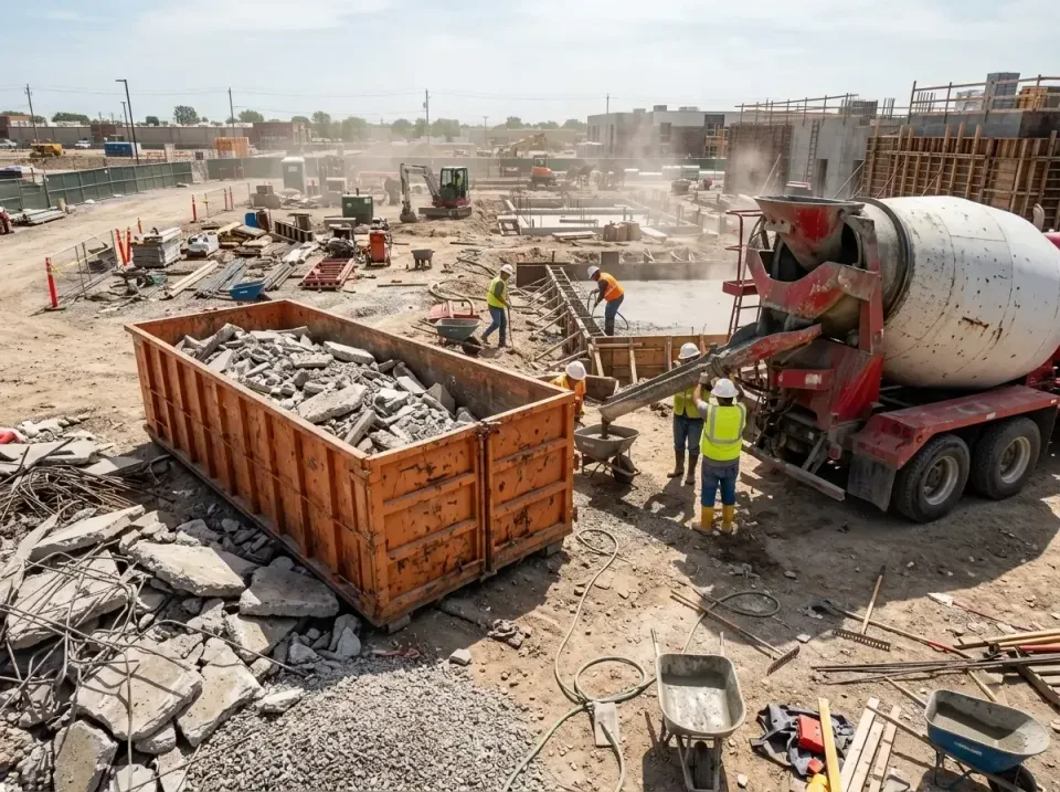 concrete-contractor-job-site-c-007 — client result, roll-off containers, commercial dumpsters, and portable restroom in Maine