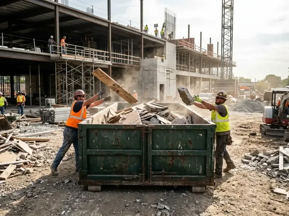 construction-site-debris-conta-004 — completed project, roll-off containers, commercial dumpsters, and portable restroom in…