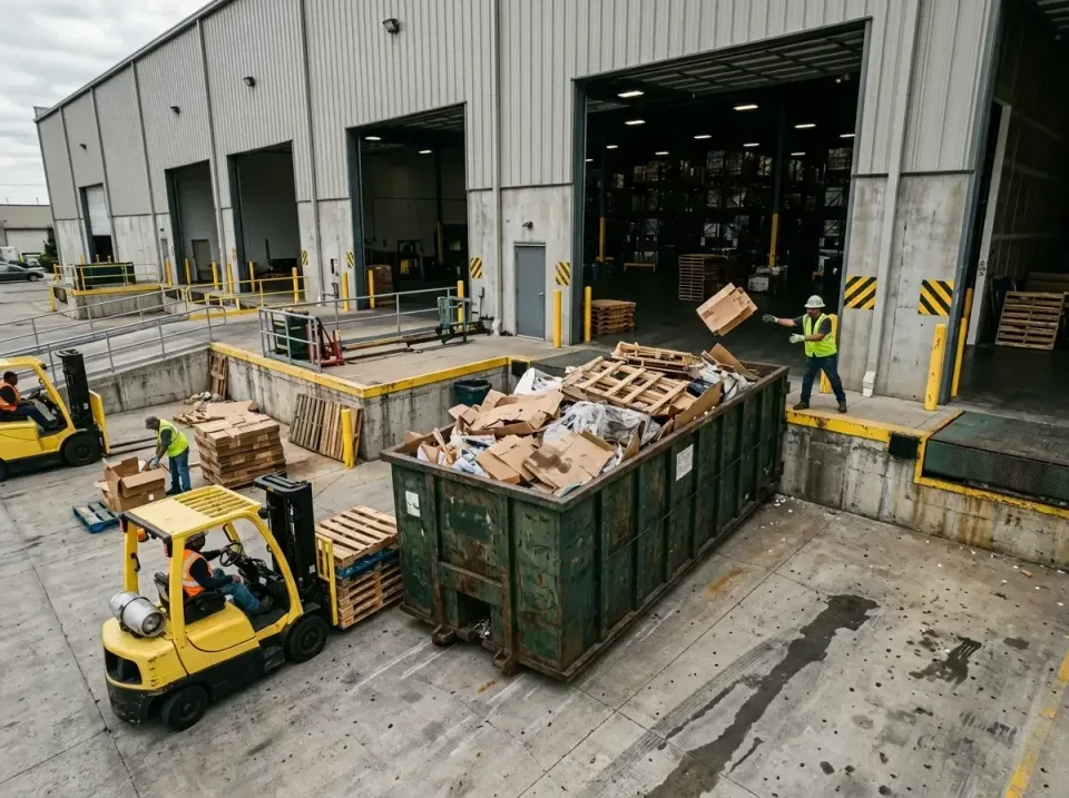 warehouse-loading-dock-waste-d-006 — trusted local provider team, roll-off containers, commercial dumpsters, and portable re…